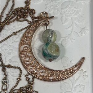 Antique Copper and Green Calcite Filigree Moon Talisman